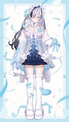 1girl ahoge animal_ears animal_slippers bell black_hair blue_negligee blush bow bowtie breasts cat_ears cleavage closed_mouth dress fake_animal_ears first_stage_production frilled_dress frilled_negligee frills fuzichoco hair_over_one_eye hairband highres jacket large_breasts lolita_hairband long_hair long_sleeves looking_at_viewer mascot multicolored_hair neck_bell off_shoulder puffy_long_sleeves puffy_sleeves see-through_clothes see-through_jacket sleeves_past_fingers sleeves_past_wrists slippers smile smug solo streaked_hair thighhighs very_long_hair virtual_youtuber white_hair white_negligee white_slippers white_thighhighs yuyu_yura yuyu_yura_(2nd_costume)