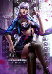 Rule 34 | 1girl, arimatang, ass, black thighhighs, breasts, cropped jacket, crossed legs, crystal, demon girl, evelynn (league of legends), high heels, highres, jacket, k/da (league of legends), k/da all out evelynn, league of legends, long hair, looking at viewer, looking down, medium breasts, open clothes, open jacket, petals, sitting, sitting on throne, solo, thick thighs, thighhighs, thighs, unworn eyewear, white hair, yellow eyes