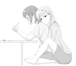 2girls absurdres ano_koro_no_aoi_hoshi barefoot blush closed_mouth commentary greyscale highres holding holding_pen hug hug_from_behind koumoto_umi long_hair medium_hair monochrome multiple_girls pen rs20210604 segawa_shou shirt short_sleeves shorts sitting table toes yuri