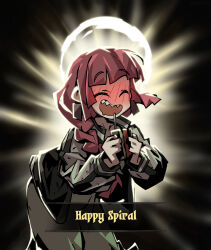 Rule 34 | 1girl, :d, ^ ^, absurdres, alcohol carton, backlighting, black background, black jacket, blunt bangs, blush, bocchi the rock!, braid, closed eyes, darkest dungeon, dress, drinking straw, drooling, drunk, english text, full-face blush, glowing, glowing halo, green dress, hair over shoulder, halo, happy, highres, hiroi kikuri, holding carton, jacket, leaning forward, letterman jacket, long sleeves, mouth drool, multicolored jacket, open clothes, open jacket, open mouth, outline, purple hair, sharp teeth, single braid, smile, solo, teeth, two-tone jacket, upper teeth only, virtue (darkest dungeon), waa153, white background, white halo, white jacket, white outline