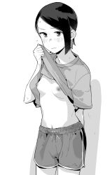 1girl blush breasts clothes_lift flying_sweatdrops greyscale gundam gundam_suisei_no_majo highres lifted_by_tail makio_(makiomeigenbot) monochrome multicolored_hair navel nika_nanaura nipples no_bra shirt shirt_lift short_sleeves shorts simple_background small_breasts solo swept_bangs t-shirt webp-to-png_conversion