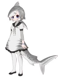 1girl blue_eyes dress fins fish_tail grey_hair head_fins highres kemono_friends kemono_friends_opening_day looking_at_viewer necktie notora original pantyhose sailor_dress shark_girl shark_tail shoes short_hair simple_background solo sweater tachi-e tail tiger_shark_(kemono_friends)_(notora)