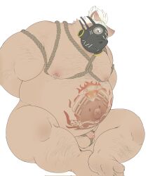 1boy animal_ears bara bdsm belly biceps bondage bound chinese_commentary commentary_request fat flaccid furrification furry furry_male gas_mask highres looking_at_viewer male_focus mask masked navel nipples overwatch pectorals penis pig_ears plump roadhog_(overwatch) shibari tengzai05 testicles white_background white_hair