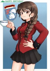 1girl amanone_yun black_ribbon black_skirt blush braid breasts brown_eyes brown_hair cup emblem from_side girls_und_panzer hair_ornament hair_ribbon hairpin hand_on_own_hip happy_birthday highres holding holding_cup jacket large_breasts long_braid long_hair looking_at_viewer military_vehicle miniskirt motor_vehicle pleated_skirt red_jacket ribbon simple_background single_braid skirt smile st._gloriana&#039;s_(emblem) st._gloriana&#039;s_military_uniform tank teacup thighs