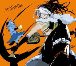 chosokabe_motochika dewott fur_collar gen_5_pokemon instrument japanese_text long_hair looking_at_another multicolored_hair nintendo orange_background pokemon pokemon_conquest sengoku_musou shamisen smile tattoo two-tone_hair