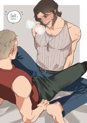 2boys arm_hair barefoot belt blue_pants blush breath brown_hair bulge bulge_press bulges_touching commentary_request deadpool denim erection erection_under_clothes facial_hair full-face_blush green_eyes green_pants highres jeans large_pectorals light_brown_hair looking_at_another male_focus marvel multiple_boys muscular muscular_male open_mouth pants pectorals penis saliva short_hair sitting sleeveless spoken_blush spoken_sweatdrop spread_legs sweatdrop teeth wolverine_(x-men) wonpese x-men x-men_film_series x-men_origins:_wolverine yaoi