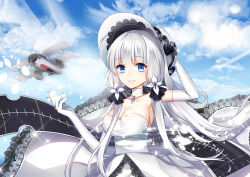 Rule 34 | 1girl, absurdres, aircraft, airplane, azur lane, bare shoulders, biplane, blue eyes, blue gemstone, blue sky, breasts, cleavage, cloud, cloudy sky, commentary request, detached collar, dress, elbow gloves, flight deck, gem, gloves, hair ribbon, hat, highres, illustrious (azur lane), lace, lace-trimmed dress, lace-trimmed headwear, lace trim, large breasts, long hair, looking at viewer, mole, mole under eye, ribbon, sky, sleeveless, sleeveless dress, solo, strapless, strapless dress, sun hat, tress ribbon, tri tails, very long hair, white dress, white gloves, white hair, yuu li (glass)