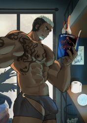 2boys abs arm_tattoo bara beard book brown_hair bulge cover cover_page dark_skin facial_hair glass_door gyee highres large_pectorals male_focus male_underwear manly mature_male multicolored_hair multiple_boys muscular muscular_male nipples no_pants novel_cover paper pectorals plant pubic_hair reading short_hair solo spiked_hair stc_kw tattoo thong toilet_paper tongue tongue_out topless_male underwear volkov_(gyee) white_hair yellow_eyes