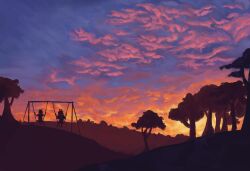 1girl 1other antlers cloud commentary deltarune demon_horns english_commentary highres hill horns kris_(deltarune) mason_(cosmvcfire) noelle_holiday on_swing sitting sunset swing swing_set tree wide_shot wings