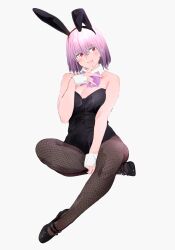 a_(c3einycggcevevf) absurdres animal_ears bare_shoulders breasts collar crossed_legs detached_collar fishnet_pantyhose fishnets gridman_universe hair_between_eyes highres large_breasts leotard looking_to_the_side pantyhose playboy_bunny purple_hair purple_ribbon rabbit_ears red_eyes ribbon shinjou_akane shoes short_hair simple_background sitting smile ssss.gridman wrist_cuffs
