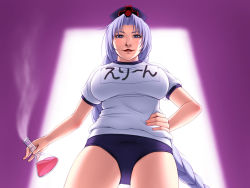 1girl alternate_costume breasts character_name erlenmeyer_flask female_focus flask from_below gym_uniform laboratory_glassware large_breasts lips long_hair silver_hair solo touhou tripleeight yagokoro_eirin