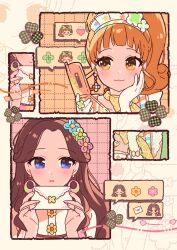 :3 aikatsu! aikatsu!_(series) blue_eyes blush brown_hair cellphone dot_nose earrings facing_viewer flip_phone flower_in_eye fujiwara_miyabi_(aikatsu!) gloves hand_on_own_chest hands_up highres holding holding_letter holding_phone jewelry jiu_(jiwoo_owo9) kurisu_kokone letter long_hair looking_to_the_side multiple_views orange_eyes orange_hair parted_lips phone ponytail speech_bubble symbol_in_eye upper_body white_gloves