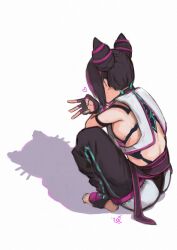 1girl absurdres ass back black_hair cat_shadow_puppet_(meme) faceless feet full_body han_juri highres meme momo_juice pants shadow squatting street_fighter street_fighter_6 w white_background