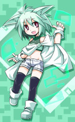 1girl animal_ears bare_shoulders black_thighhighs boots cape crossbone_gundam crossbone_gundam_ghost female_focus fingerless_gloves gloves green_hair gundam haroro kugelschreiber navel open_mouth pda pointing red_eyes short_hair solo thighhighs