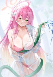 1girl absurdres ahoge bikini blue_archive blush bow breasts cleavage closed_mouth collarbone green_eyes hair_bow halo hanako_(blue_archive) hanako_(swimsuit)_(blue_archive) highres holding holding_hose hose huge_ahoge large_breasts long_hair pink_bikini pink_hair pink_halo shirt single_bare_shoulder smile solo swimsuit teeth_bro very_long_hair water wet wet_clothes wet_shirt white_bow white_shirt