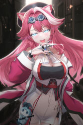 alulunkiruto animal_ear_fluff animal_ears bare_shoulders beret black_hat black_tube_top blue_eyes breasts chattino_(raora_panthera) cleavage cowboy_shot goggles goggles_on_head hat highres hololive hololive_english large_breasts multicolored_hair official_alternate_eye_color panther_ears panther_girl panther_tail pink_hair raora_panthera raora_panthera_(1st_costume) shorts strapless streaked_hair tail tongue tongue_out tube_top two-tone_hair vest virtual_youtuber white_hair white_shorts white_vest