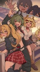 Rule 34 | 1boy, 5girls, ahoge, alternate costume, belle (zenless zone zero), blush, burnice white, caesar king (zenless zone zero), cashew 0 dgren, closed eyes, delinquent, english text, highres, jacket, luciana de montefio, multiple girls, piper wheel, school uniform, sukeban, v, wise (zenless zone zero), zenless zone zero