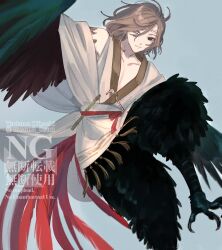 1boy bird_legs bird_wings black_eyes black_wings blue_background brown_hair chinese_clothes flute foot_out_of_frame getian_(reverse:1999) grey_eyes hanfu harpy_boy heterochromia highres instrument leg_up looking_at_viewer male_focus medium_hair monster_boy moon8_8sun outstretched_arms reverse:1999 solo spread_arms talons twitter_username watermark white_hanfu winged_arms wings
