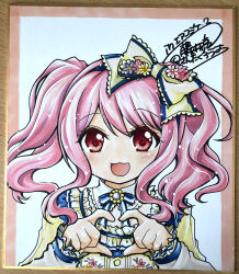 1girl absurdres blue_background blue_bow blue_bowtie blush bow bowtie character_request comiket_98 commentary_request copyright_request flower four-finger_heart_hands frilled_shirt frills fujii_ryou hair_bow heart heart_hands highres long_hair long_sleeves looking_at_viewer open_mouth pink_flower pink_hair purple_flower red_eyes shirt smile solo twintails upper_body yellow_bow yellow_shirt