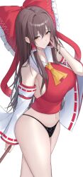 1girl 7saki ascot bow breasts brown_eyes brown_hair detached_sleeves frilled_bow frilled_hair_tubes frills hair_between_eyes hair_bow hair_tubes hakurei_reimu highres long_hair looking_at_viewer no_pants panties puffy_short_sleeves puffy_sleeves red_bow ribbon-trimmed_sleeves ribbon_trim short_sleeves sideboob simple_background smile solo touhou underwear white_background wide_sleeves yellow_ascot