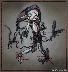 animal_ears blood blood_on_face blue_eyes chibi cow grey_background guro octopusfish original teeth watermark weibo_watermark