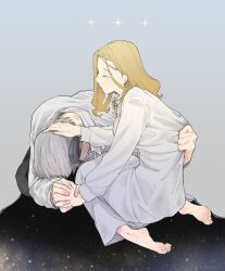 1boy 1girl barefoot black_pants blonde_hair closed_eyes feet franken_stein_(soul_eater) grey_hair headpat hetero highres hissiu holding_hands long_hair long_sleeves marie_mjolnir nightgown object_through_head pants pulling_another&#039;s_clothes screw_in_head shirt short_hair sitting soles soul_eater white_nightgown white_shirt