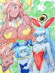 2girls aeos annoyed ass blue_eyes blue_hair blue_skin breast_envy breasts chronoa collar colored_skin dragon_ball dragon_ball_heroes dragonball_z earrings head_on_chest heart jewelry kaioushin large_breasts laughing leotard long_hair multiple_girls orange_eyes orange_hair pasties pink_skin playboy_bunny pointy_ears pout pouty_lips rabbit_tail ribbon sticker tiara uri_artsu wrist_cuffs