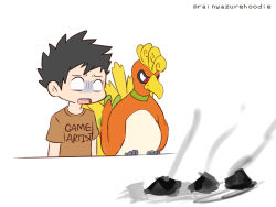 1boy 9koma ashes bird black_hair brown_shirt comic commentary english_commentary english_text gen_2_pokemon ho-oh legendary_pokemon male_focus nintendo original pokemon pokemon_(creature) pokemon_gsc pokemon_gsc_(prototype) rainyazurehoodie shirt short_sleeves simple_background spiked_hair white_background