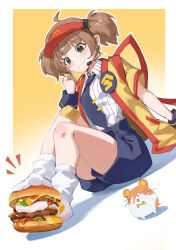 1girl absurdres badge black_eyes blue_pants brown_hair burger button_badge commentary_request earpiece employee_uniform fast_food_uniform feet feet_burger_(meme) feet_in_food food food_on_foot gauze_on_knee gradient_background hamster happi highres imadake_dabuchi_tabemi japanese_clothes mcdonald&#039;s meme no_shoes open_happi outside_border pants pinstripe_pattern pinstripe_shirt shirt simple_background sitting socks tie_clip toes visor_cap white_socks xun_li_eins yellow_background yellow_happi