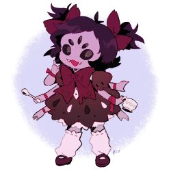 1girl absurdres arthropod_girl bow brown_dress brown_footwear chibi colored_skin commentary commission cup dress english_commentary extra_arms extra_eyes fangs full_body hair_bow highres holding holding_cup holding_spoon insect_girl kitchupsandwich monster_girl muffet purple_skin red_bow red_ribbon ribbon socks solo spider_girl spoon teacup tongue tongue_out undertale white_socks wrist_ribbon