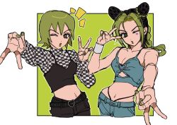 2girls :o aqua_pants aqua_tank_top bare_shoulders belt black_belt black_hair black_pants black_shirt black_tank_top braid breasts checkered_clothes checkered_shirt clothing_cutout curtained_hair double_bun double_v foo_fighters_(jojo) foreshortening fu_r_y green_background green_eyes green_hair green_lips hair_bun heart highres jojo_no_kimyou_na_bouken midriff multicolored_hair multiple_girls navel one_eye_closed outline pants parted_bangs shirt short_hair single_wrist_cuff small_breasts star_(symbol) star_on_cheek stone_ocean tank_top two-tone_hair v white_background white_outline white_shirt wrist_cuffs