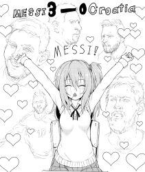 ! 1boy 1girl 2022 2022_fifa_world_cup absurdres age_difference argentina argentinian_flag blush breasts candy character_name character_request cheering closed_eyes eighth_note endou_aina facial_hair fingernails food food_in_mouth greyscale hair_between_eyes hair_bobbles hair_ornament happy highres kyokucho lionel_messi looking_to_the_side medium_breasts monochrome multiple_views musical_note original plaid_clothes plaid_skirt pleated_skirt real_life realistic side_ponytail sidelocks simple_background sitting sketch skirt smile soccer spoken_musical_note standing sweat sweater tears world_cup