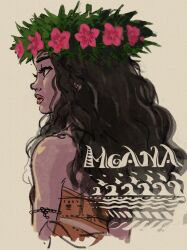 1girl bare_shoulders black_hair brown_eyes brown_hair character_name copyright_name curly_hair dark-skinned_female dark_skin flower hair_flower hair_ornament head_wreath highres jewelry long_hair masso moana_(movie) moana_waialiki simple_background solo strapless upper_body