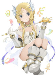 Rule 34 | 1girl, aida (ima 496), alternate costume, black eyes, blonde hair, boots, braid, breasts, closed mouth, cosplay, dark magician girl, dark magician girl (cosplay), duel monster, ecclesia (yu-gi-oh!), elbow gloves, facial mark, forehead mark, gloves, highres, holding, holding staff, horns, incredible ecclesia the virtuous, medium breasts, simple background, smile, solo, staff, stigmata, white background, white boots, yu-gi-oh!