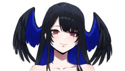 Rule 34 | 1girl, absurdres, black hair, blue hair, closed mouth, colored inner hair, daydarion, head wings, highres, hololive, hololive english, mole, mole under eye, multicolored hair, nerissa ravencroft, pink eyes, simple background, slit pupils, smile, solo, virtual youtuber, white background, wings
