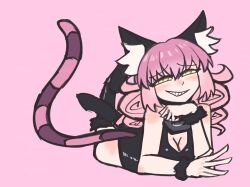 Rule 34 | 1girl, animal ear fluff, animal ears, arm cuffs, bare shoulders, black dress, black shoes, black souls, black souls 2, black wrist cuffs, blush, breasts, cat ears, cat girl, cat tail, cheshire cat (black souls), choker, cleavage, curly hair, double bun, dress, feet up, furrowed brow, glowing, glowing eyes, grey choker, hair bun, hair over eyes, hand on own face, looking at viewer, lying, m8n8xide, multicolored hair, on stomach, pink background, pink hair, pink tail, shoes, sidelocks, sleeveless, slit pupils, smug, solo, striped tail, tail, teeth, white fur, wrist cuffs, yellow eyes