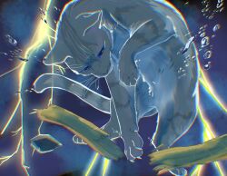 Rule 34 | animal, animal focus, blue eyes, bubble, cat, claws, commentary request, fugu (fugusunburst55), grey cat, grey fur, jayfeather, jayfeather&#039;s stick, lightning, no humans, power of three, solo, stick, tail, underwater, warrior cats, whiskers