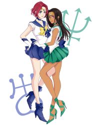 2girls absurdres bishoujo_senshi_sailor_moon black_hair blue_eyes choker cosplay dark_skin dark-skinned_female gloves hand_on_another&#039;s_hip high_heels highres lips mila_babicheva multiple_girls neptune_symbol outer_senshi pleated_skirt purple_eyes red_hair ri_(rianemone) sailor_collar sailor_neptune sailor_neptune_(cosplay) sailor_senshi sailor_uranus sailor_uranus_(cosplay) sara_crispino skirt smile uranus_symbol white_gloves yuri!!!_on_ice
