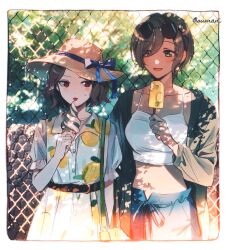 2girls belt black_belt blue_bow blush bow breasts brown_eyes brown_hat brown_jacket camisole chain-link_fence commentary dappled_sunlight dress ebizuka_tomo fence food food_print fruit_print girls_band_cry grey_hair hair_between_eyes hashtag-only_commentary hat hat_bow highres holding holding_food holding_ice_cream_cone holding_popsicle ice_cream ice_cream_cone jacket large_breasts lemon_print long_hair_between_eyes midriff multiple_girls navel open_clothes open_jacket open_mouth popsicle red_eyes rupa_(girls_band_cry) short_hair shusuzu soft_serve spaghetti_strap sun_hat sunlight tongue tongue_out white_camisole white_dress