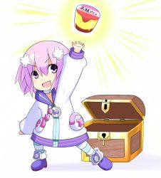 1girl arm_up chibi commentary_request d-pad d-pad_hair_ornament doria_(p_f_dolia) emphasis_lines female_focus food hair_between_eyes hair_ornament hood hoodie long_sleeves looking_at_viewer neptune_(neptunia) neptune_(series) nintendo open_mouth parody pudding purple_eyes purple_hair short_hair simple_background solo striped_clothes striped_legwear striped_thighhighs the_legend_of_zelda thighhighs treasure_chest v-shaped_eyebrows white_background white_hoodie