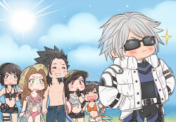 2boys 4girls aerith_gainsborough aerith_gainsborough_(sunny_robe) aged_down ball baseball_cap beach beach_umbrella beachball bikini black_bikini black_gloves black_hair blue_shorts blue_sky blush brown_hair closed_eyes closed_mouth cloud cloudy_sky collarbone commentary cowboy_shot cross_scar crylin6 denim denim_skirt english_commentary eyewear_on_head facial_scar final_fantasy final_fantasy_vii final_fantasy_vii_ever_crisis fingerless_gloves gloves green_eyes grey_hair hands_in_pockets hat highleg highleg_bikini holding holding_ball holding_beachball holding_hands holding_umbrella jacket laughing long_hair looking_at_another lucia_lin lucia_lin_(beach_agent) male_swimwear miniskirt multiple_boys multiple_girls navel ocean official_alternate_costume open_clothes open_jacket open_mouth orange_bikini outdoors parted_bangs parted_lips pink_bikini red_eyes scar scar_on_cheek scar_on_face see-through_clothes see-through_shirt sephiroth sephiroth_(ever_crisis) sephiroth_(natant_jacket) shirt short_hair shorts skirt sky sparkle spiked_hair stomach straw_hat summer sun sunglasses sweatdrop swim_trunks swimsuit tifa_lockhart tifa_lockhart_(lifeguard) topless_male umbrella wet wet_clothes wet_shirt whistle whistle_around_neck white_jacket white_shirt white_shorts yuffie_kisaragi yuffie_kisaragi_(summer_moogle) zack_fair zack_fair_(tropical_beach)