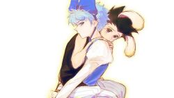 Rule 34 | 2boys, animal ears, black shirt, blue bow, blue eyes, bow, brown eyes, closed mouth, commentary, crossdressing, dress, feet out of frame, gelb, gon freecss, hands on another&#039;s shoulders, hashtag-only commentary, head bow, hunter x hunter, kemonomimi mode, killua zoldyck, long sleeves, looking back, male focus, multiple boys, pants, rabbit ears, sanpaku, shirt, simple background, sleeveless, white background, white hair, white pants