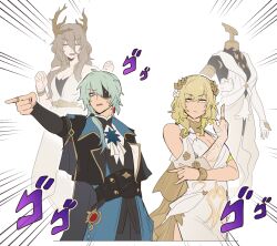 Rule 34 | 1boy, 2girls, aglaea (honkai: star rail), anaxa (honkai: star rail), bare shoulders, black jacket, blonde hair, brown hair, calypso (honkai: star rail), closed eyes, commentary, dress, eyepatch, garmentmaker (honkai: star rail), green eyes, green hair, hair branch, highres, honkai: star rail, honkai (series), jacket, jojo pose, laurel crown, long hair, looking at another, multiple girls, netoii, pointing, short hair, white background, white dress