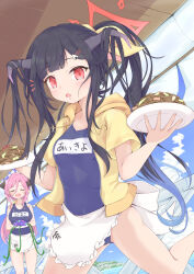 2girls :o absurdres alternate_costume alternate_hairstyle apron black_hair blue_archive blue_hair blue_halo blue_one-piece_swimsuit closed_eyes collarbone cow_girl cow_horns food fuuka_(blue_archive) gehenna_academy_logo gluteal_fold goat_girl goat_horns halo highres holding holding_plate hood hooded_jacket horns jacket juri_(blue_archive) multicolored_hair multiple_girls name_tag noodles one-piece_swimsuit ookujira_(jumbo_whale) open_mouth pan-chan_(blue_archive) pink_hair plate pointy_ears ponytail red_eyes red_halo school_swimsuit swimsuit thighs white_apron yellow_jacket