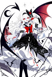 1girl :d bow choker cup drinking_glass flower hair_bow hair_flower hair_ornament hairband highres holding holding_cup limited_palette looking_at_viewer nail_polish open_mouth original pantyhose petticoat pointy_ears puffy_short_sleeves puffy_sleeves red_bow red_eyes red_flower red_nails red_rose rose sailor_collar sheya short_sleeves skirt smile solo spot_color white_background wine_glass