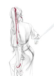 Rule 34 | 1boy, bound, bound wrists, bracelet, butchinelle, chinese clothes, chinese knot, earrings, facing away, from behind, greyscale, hair ribbon, hanfu, highres, implied yaoi, jewelry, long hair, long sleeves, male focus, modao zushi, monochrome, ponytail, red ribbon, ribbon, ring, robe, sash, simple background, solo, spot color, standing, wei wuxian, white background