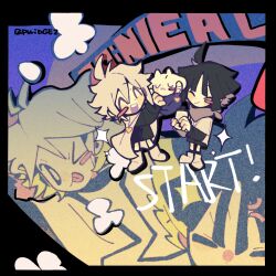 &gt;_o 2boys :d ;p ^_^ anger_vein ankle_boots antenna_hair bandana bandana_around_neck black_border black_eyes black_hair black_shirt black_shorts black_socks blunt_bangs blunt_ends blush_stickers boots border bright_pupils brothers cape chara_(undertale) character_doll chibi child closed_eyes closed_mouth colored_skin doll dot_nose double-parted_bangs face-to-face fewer_digits flipped_hair flower frisk_(undertale) gold_necklace grey_bandana hair_between_eyes heart heart_necklace highres holding holding_doll jewelry kneehighs layered_sleeves long_sleeves looking_at_viewer male_focus multiple_boys necklace one_eye_closed open_mouth prridge2 shirt short_hair short_over_long_sleeves short_sleeves shorts siblings single_blush_sticker smile socks tongue tongue_out toriel twitter_username undertale white_boots white_cape white_flower white_hair white_pupils white_shirt white_skin xtale