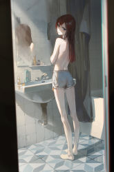 Rule 34 | 1girl, absurdres, back, bare legs, barefoot, bathroom, bathtub, blue eyes, blush, bottle, commentary, curtains, dino (dinoartforame), dolphin shorts, faucet, from behind, full body, head tilt, highres, indoors, legs, long hair, looking at viewer, looking back, makise kurisu, mirror, parted lips, red hair, reflection, short shorts, shorts, sink, solo, standing, steins;gate, tile wall, tiles, topless female, v-shaped eyebrows