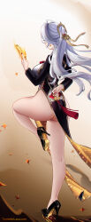 1girl absurdres ahoge alternate_costume arm_behind_back artist_name ass back-seamed_legwear black_dress black_shoes breasts china_dress chinese_clothes commentary dress earrings english_commentary from_behind full_body high_heels highres holding_ofuda huge_ass jewelry large_breasts long_sleeves nail_polish no_panties paid_reward_available pelvic_curtain red_nails seamed_legwear shoes solo standing standing_on_one_leg tassel tomatolaccoon two-sided_dress two-sided_fabric white_hair yi_xuan_(zenless_zone_zero) zenless_zone_zero