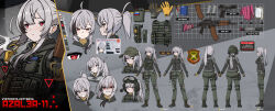 1girl absurdres ahoge aks-74u assault_rifle azalea-11 bandages baseball_cap body_armor cigarette equipment_layout flare gloves goggles goggles_on_headwear grey_hair gun handgun hat helmet highres holding holding_cigarette holster kalashnikov_rifle load_bearing_vest military_combat_uniform military_uniform mp-443_grach original ponytail red_eyes reference_sheet rifle russian_flag russian_ground_forces russian_text sidelocks solo weapon xandier59
